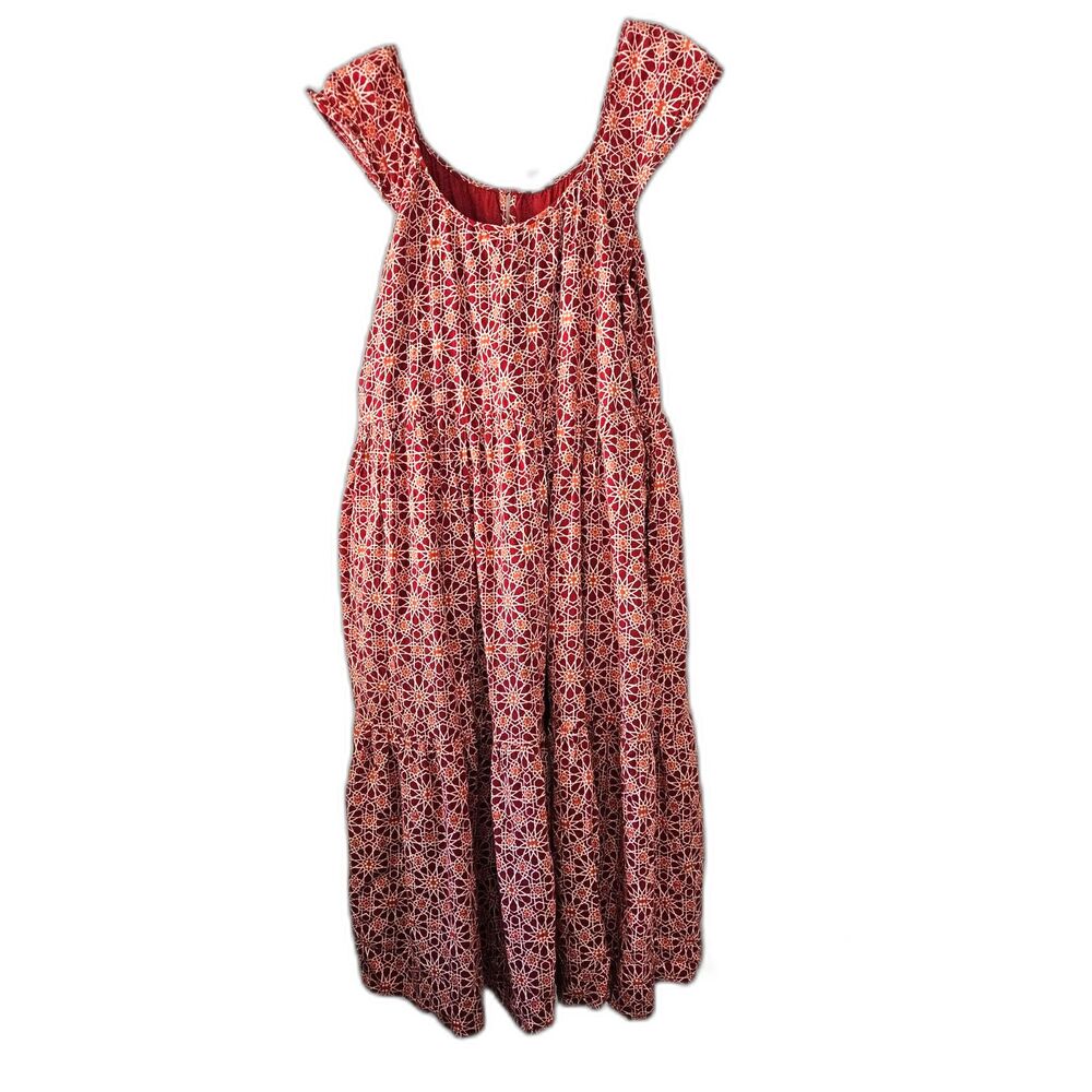 DIP Midi Red Geometric Cap Sleeve Tiered Pockets Scoop Neck Dress L/XL
